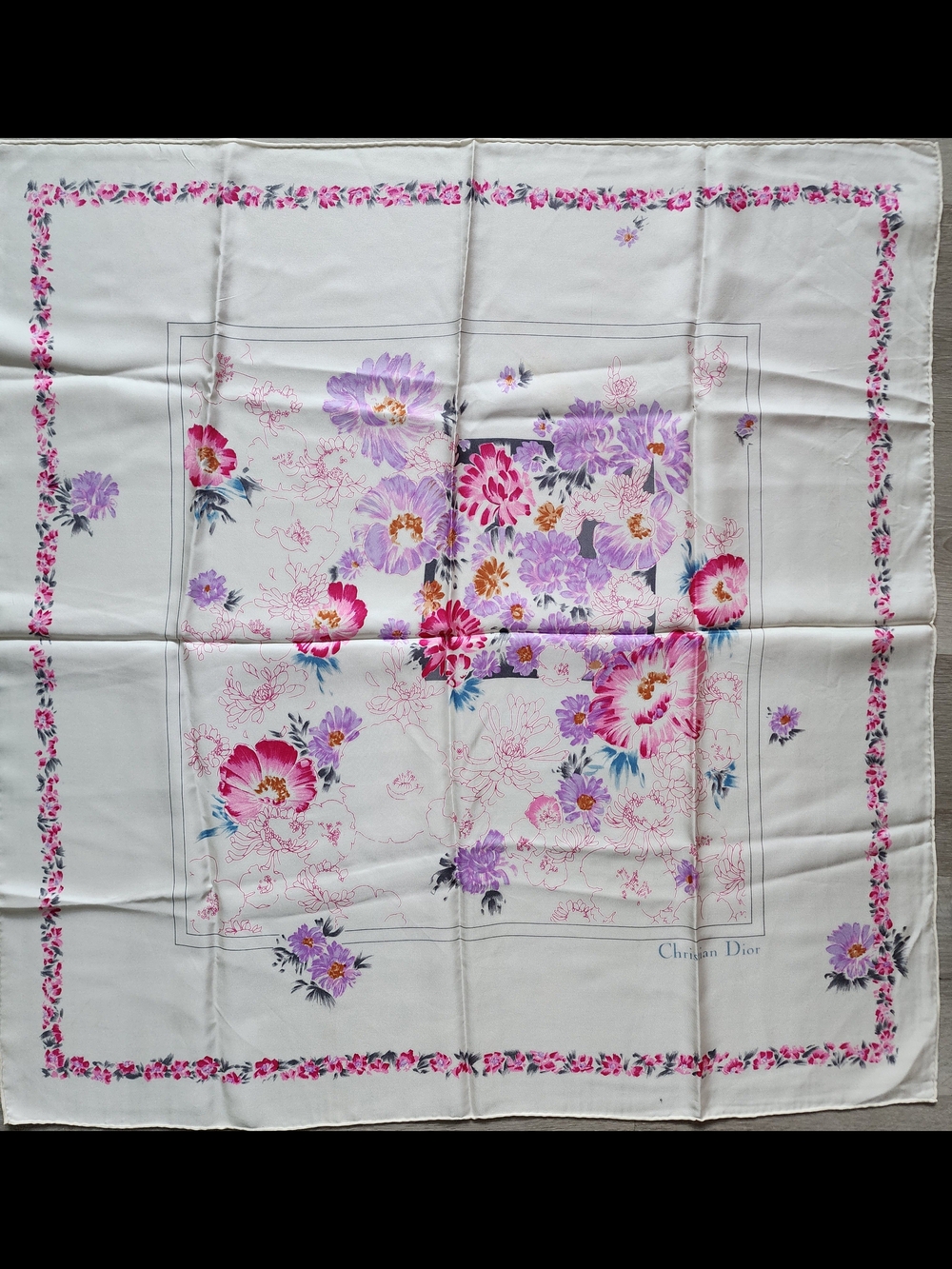Auth Dior Floral Pink & Purple Blooms Silk Scarf